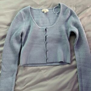 Blue Ribbed Knit Button-Up Top